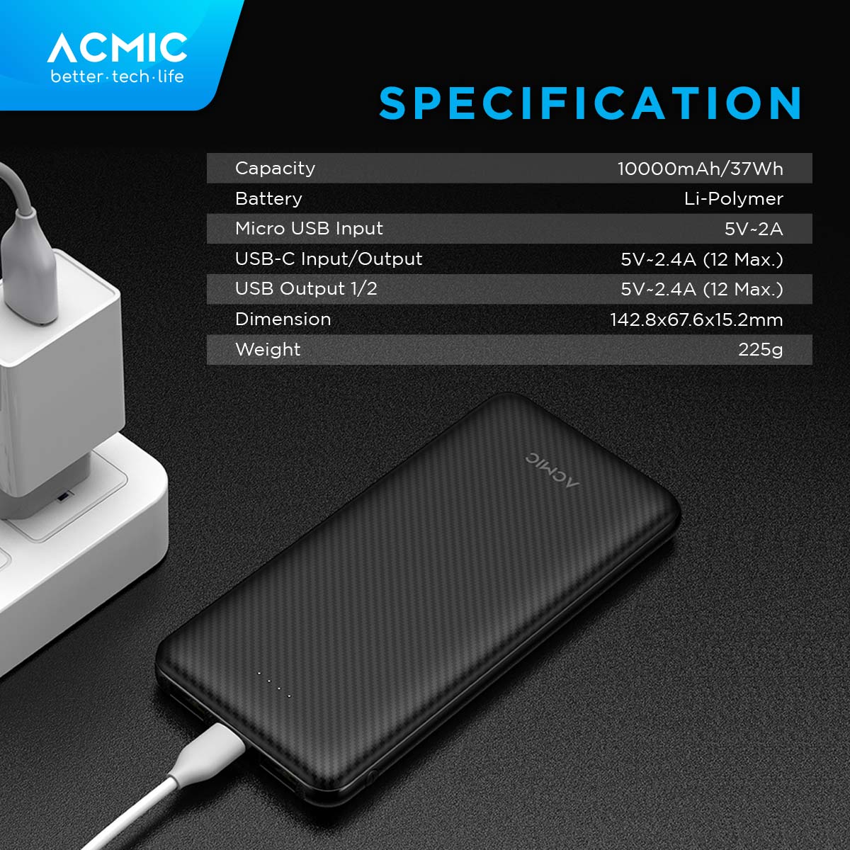 ACMIC C10e 10000mAh Slim PowerBank 12W Type C Fast Dual USB Charge