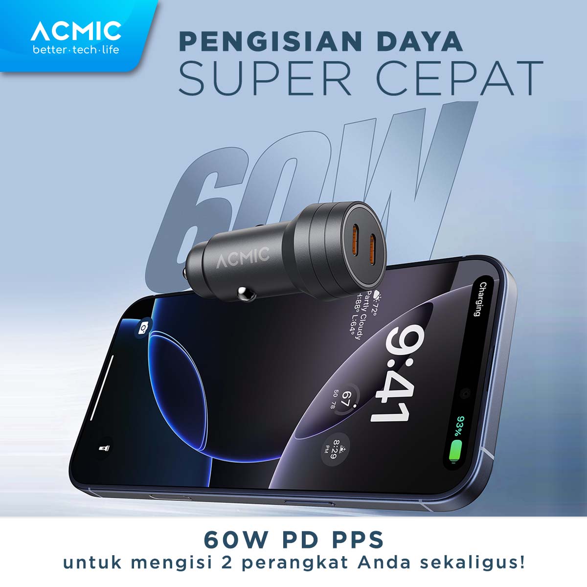ACMIC CC60 DUO 60W Dual USB Type C Car Charger PD PPS Samsung Super Fast Charging