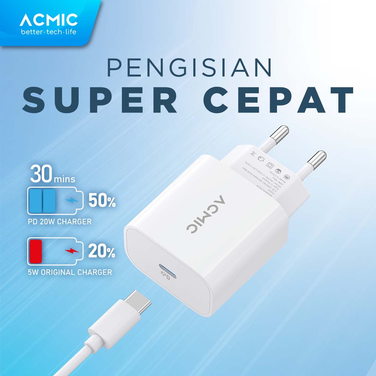 ACMIC CPD20 Type C 20W Kepala Charger Fast Charging Adaptor for iPhone