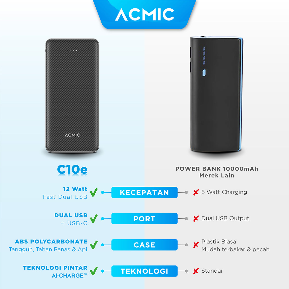 ACMIC C10e 10000mAh Slim PowerBank 12W Type C Fast Dual USB Charge
