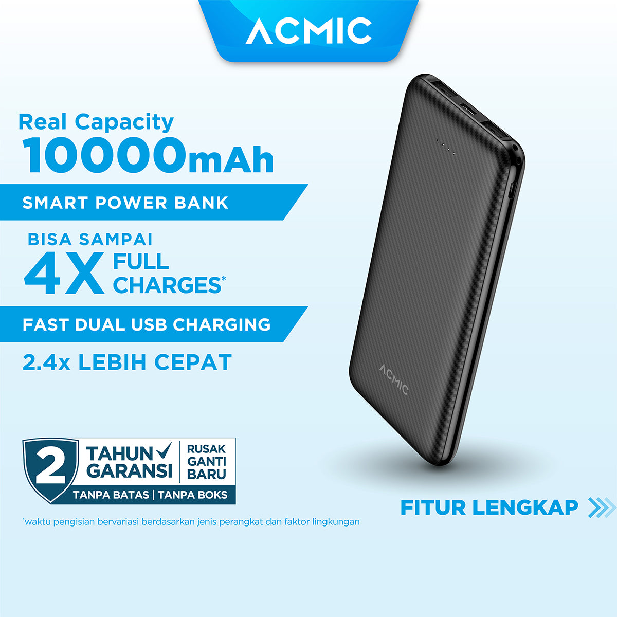 ACMIC C10e 10000mAh Slim PowerBank 12W Type C Fast Dual USB Charge