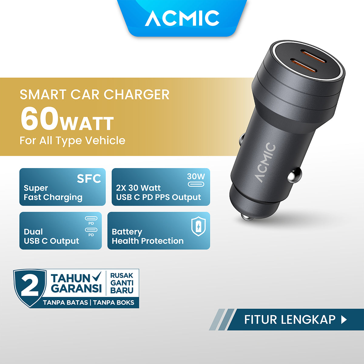 ACMIC CC60 DUO 60W Dual USB Type C Car Charger PD PPS Samsung Super Fast Charging