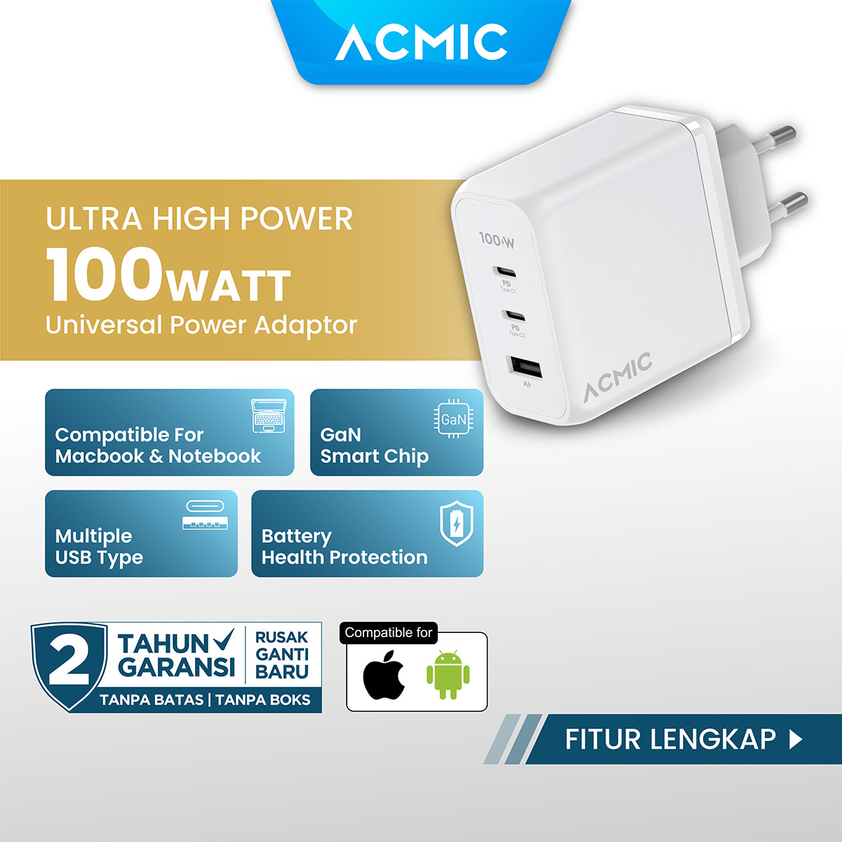 ACMIC CPD100 GaN7 PRO 100W Wall Desktop Charger Adaptor Laptop MacBook