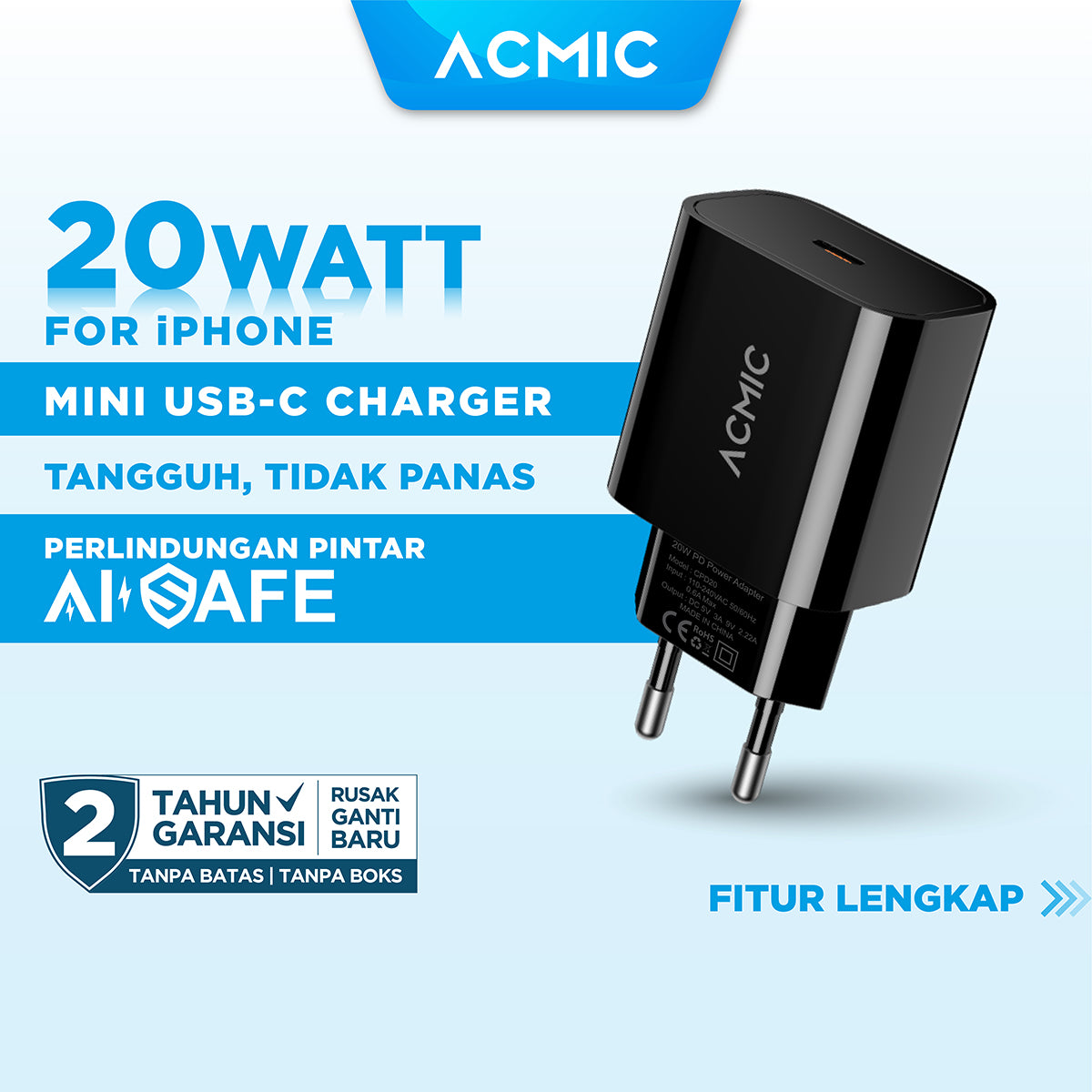 ACMIC CPD20 Type C 20W Kepala Charger Fast Charging Adaptor for iPhone