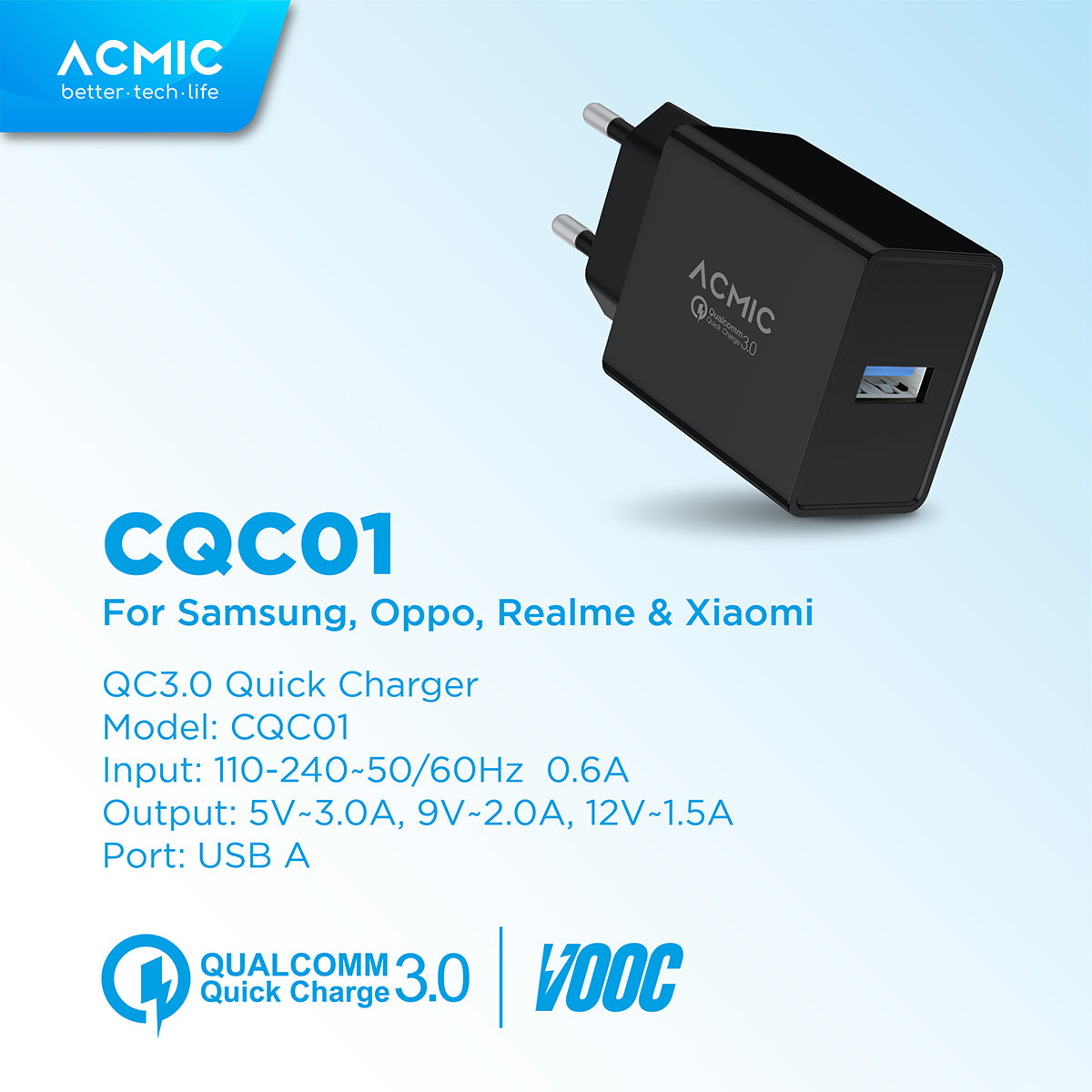 ACMIC CQC01 USB 18W Kepala Charger Fast Charging Adaptor