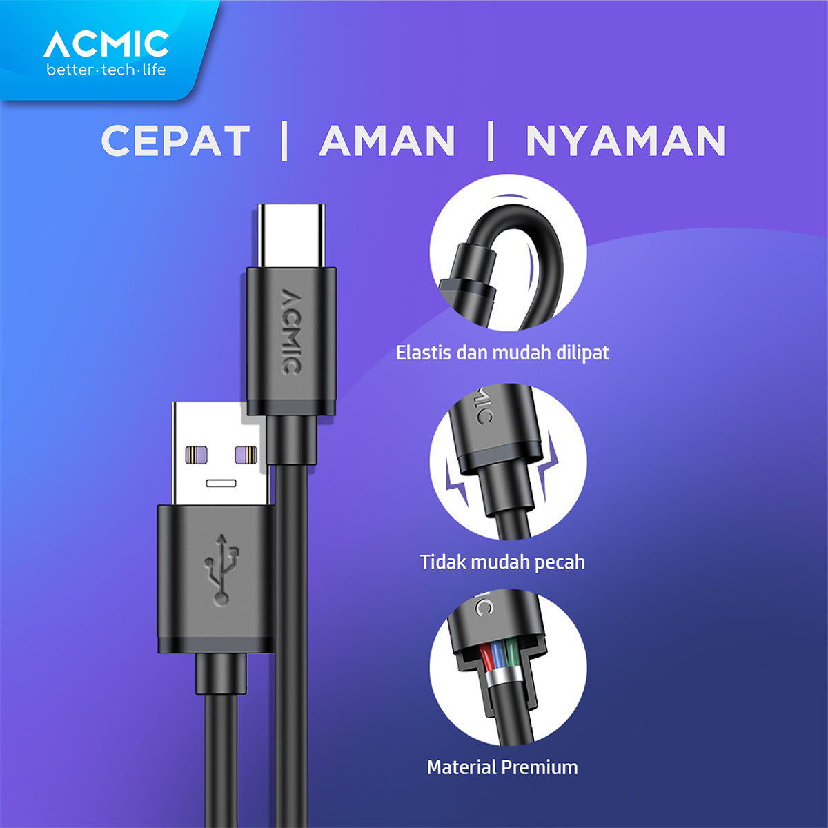 ACMIC KAi100 AiCharge Kabel Data USB-C Fast Charging 66W 3A + 5A VOOC