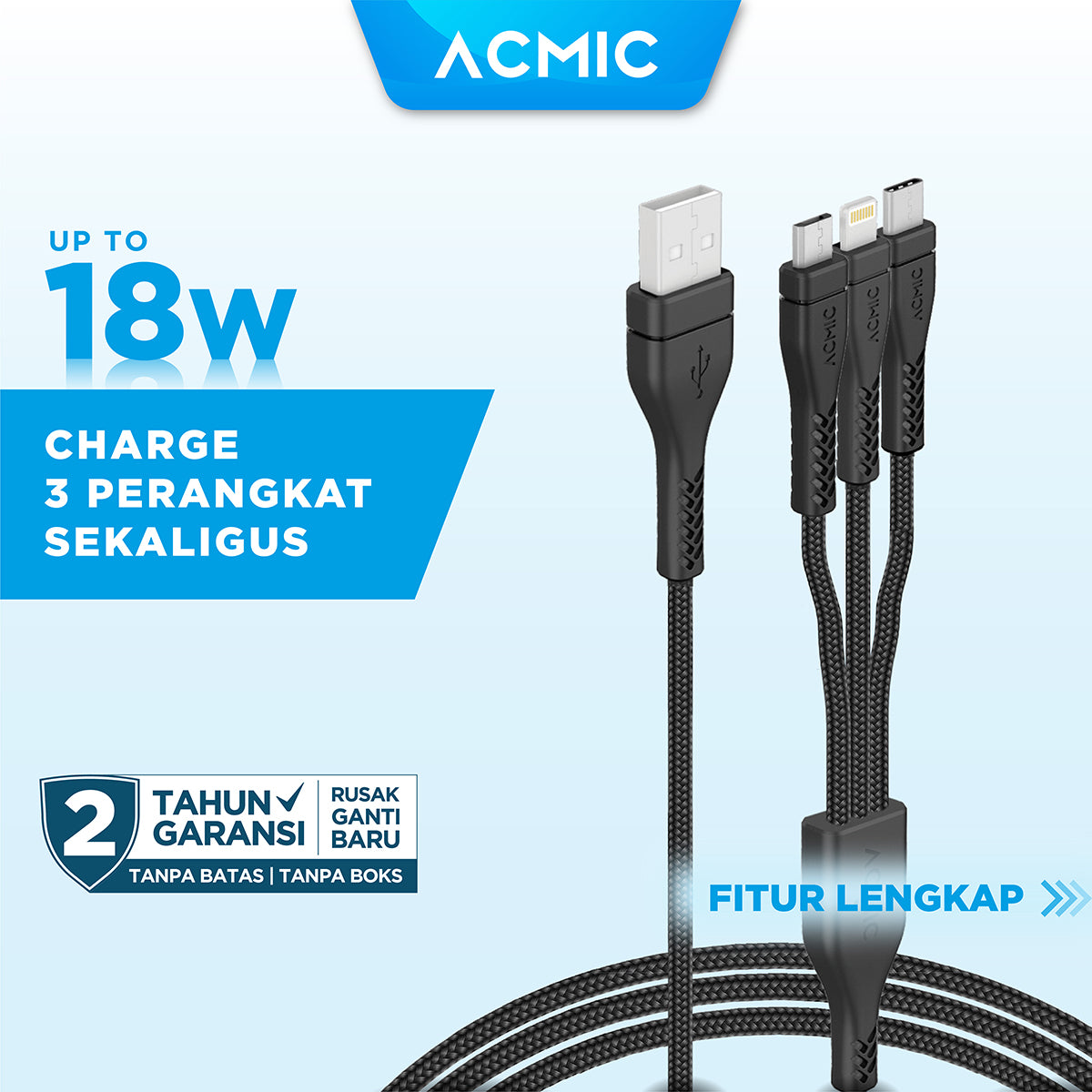 ACMIC TRIO Kabel data 3 in 1 Fast Charging Quick Charge 3.0 Cable 3in1 Charger