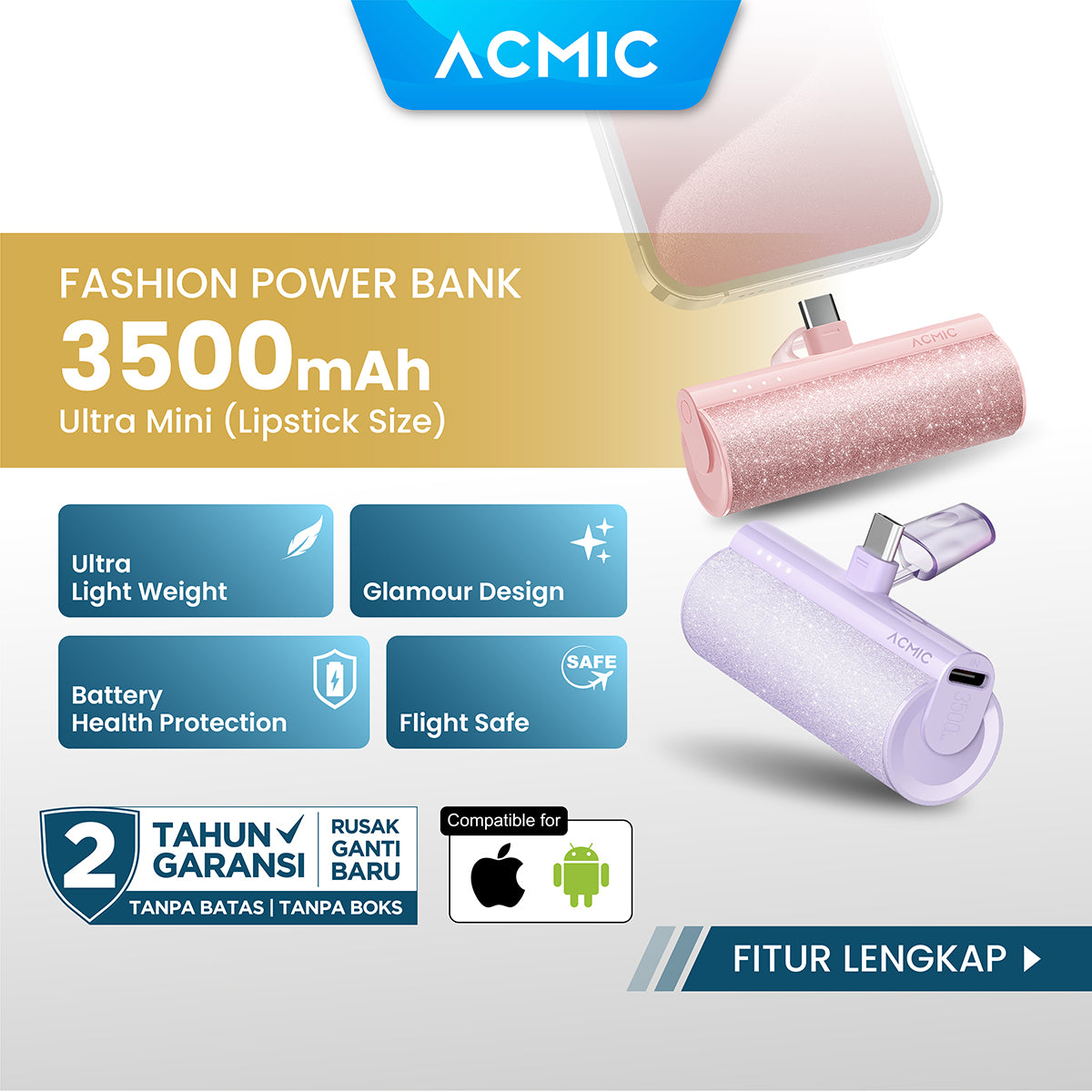 ACMIC MINIGLOW Fashion Mini Powerbank Type C iPhone Samsung Android