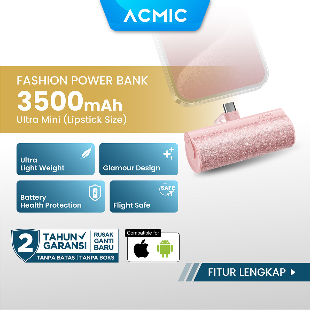 ACMIC MINIGLOW Fashion Mini Powerbank Type C iPhone Samsung Android