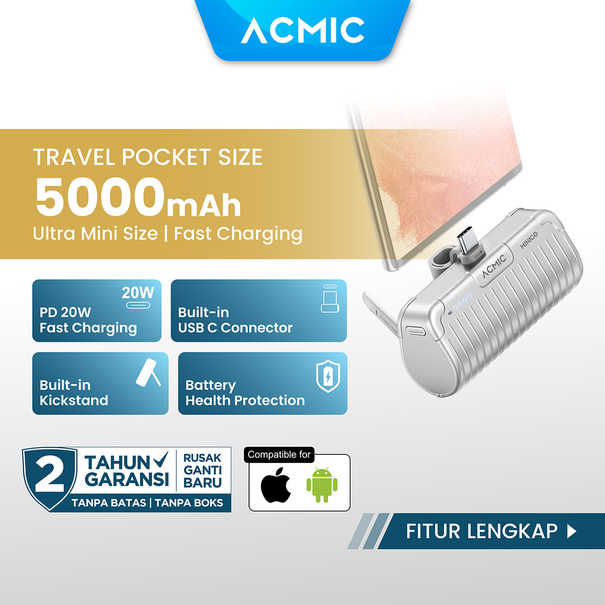 ACMIC MINIGO Mini PowerBank + Phone Holder USB Type C or iPhone Lightning PD Fast Charging 20 Watt