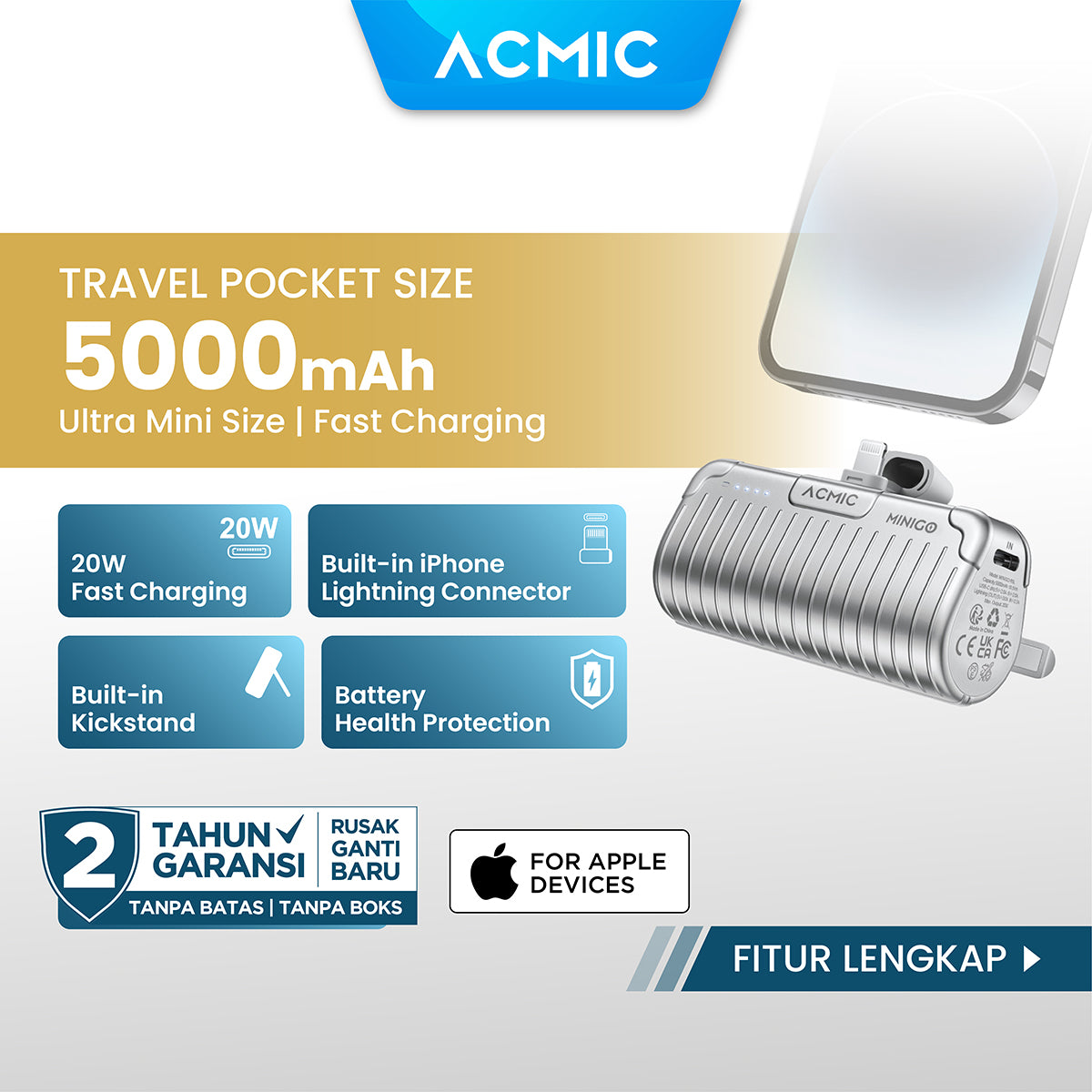ACMIC MINIGO Mini PowerBank + Phone Holder USB Type C or iPhone Lightning PD Fast Charging 20 Watt