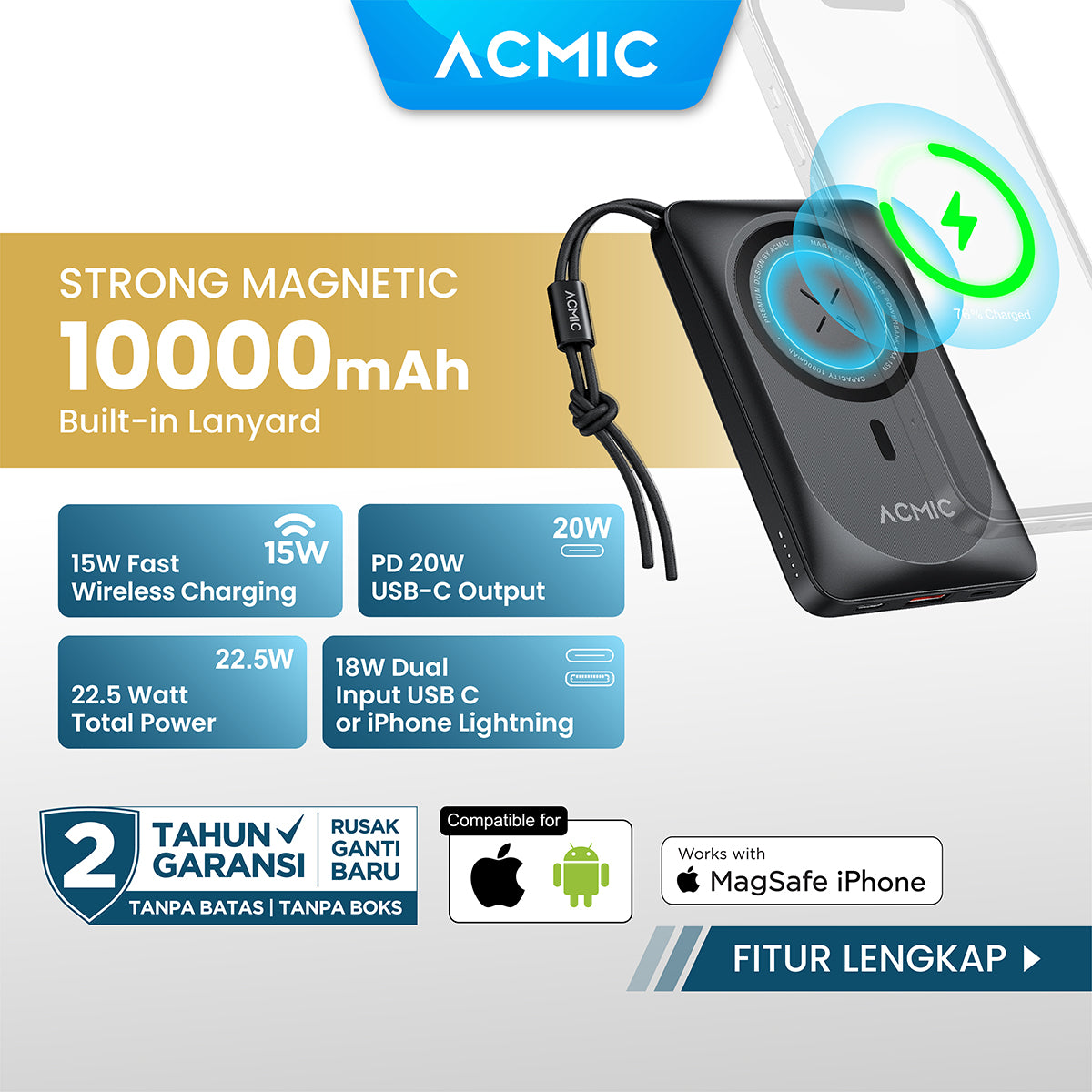 ACMIC MAGBANK 10000mAh Powerbank Magsafe Wireless 22.5W Fast Charging for iPhone