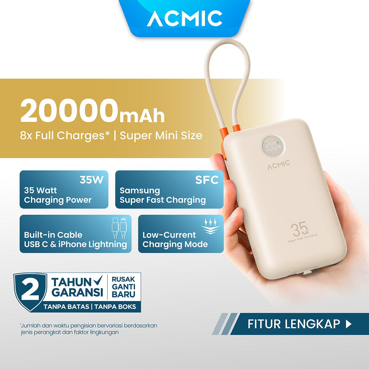 ACMIC NEOPOWER Super Mini 35W Power Bank with Super Fast Charging for Samsung built-in Cable Type C & iPhone Lightning 10000mAh 20000mAh 30000mAh