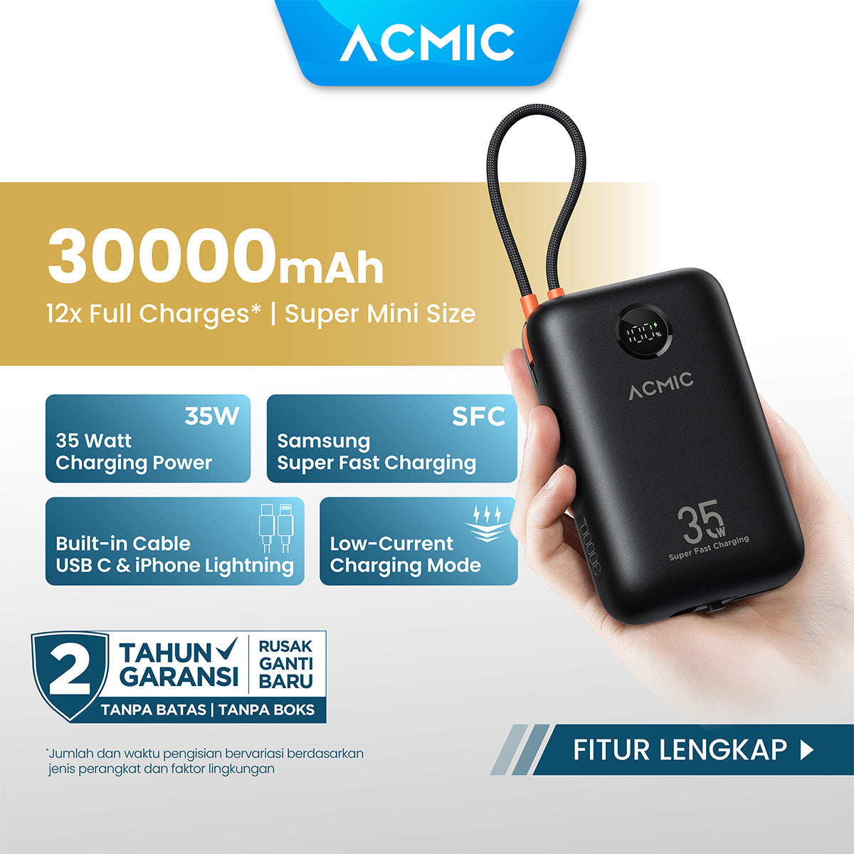 ACMIC NEOPOWER Super Mini 35W Power Bank with Super Fast Charging for Samsung built-in Cable Type C & iPhone Lightning 10000mAh 20000mAh 30000mAh