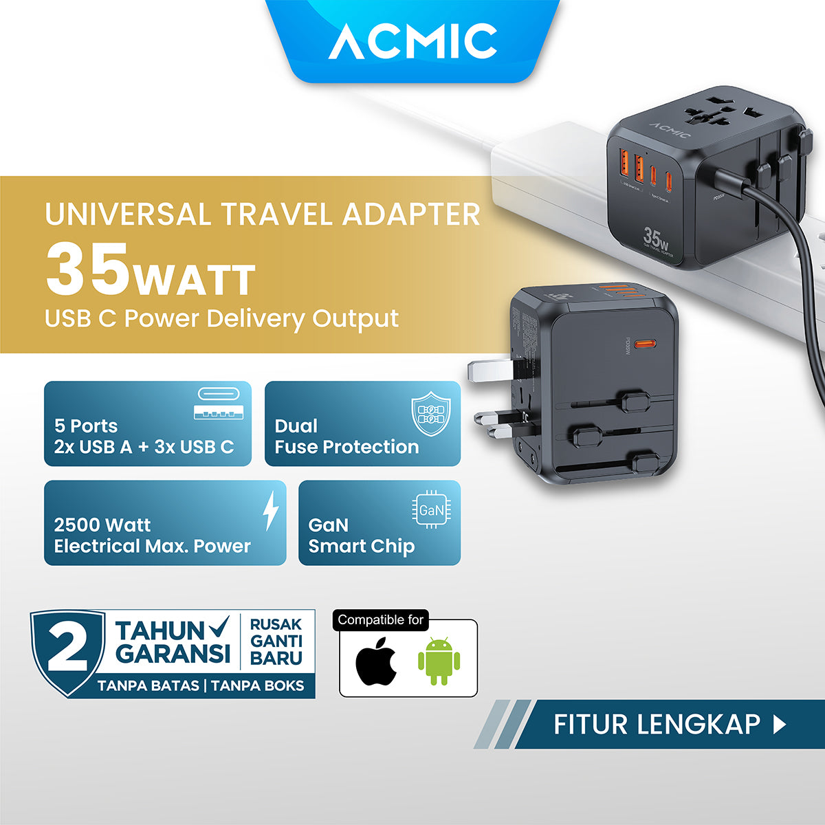 ACMIC TAC35 Travel Adapter Universal GaN 35watt Adaptor Fast Charging
