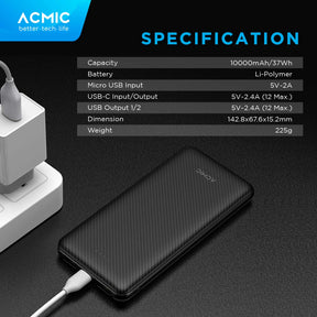 ACMIC C10e 10000mAh Slim PowerBank 12W Type C Fast Dual USB Charge