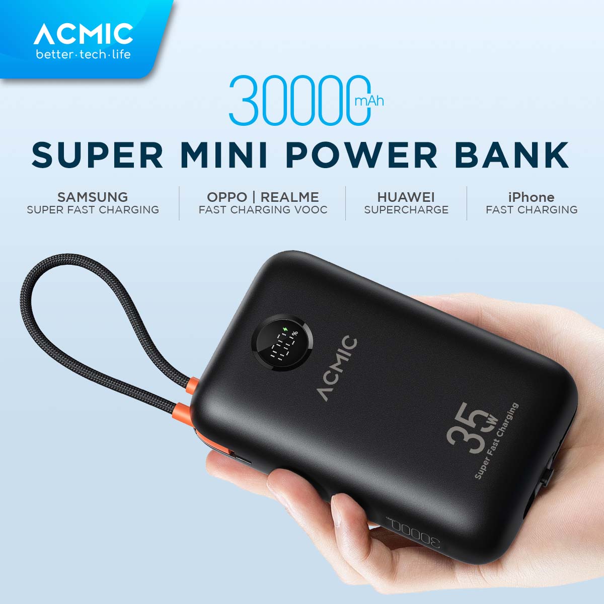 ACMIC NEOPOWER Super Mini 35W Powerbank 30000mAh SFC Super Fast Charging for Samsung with Built-in Cable