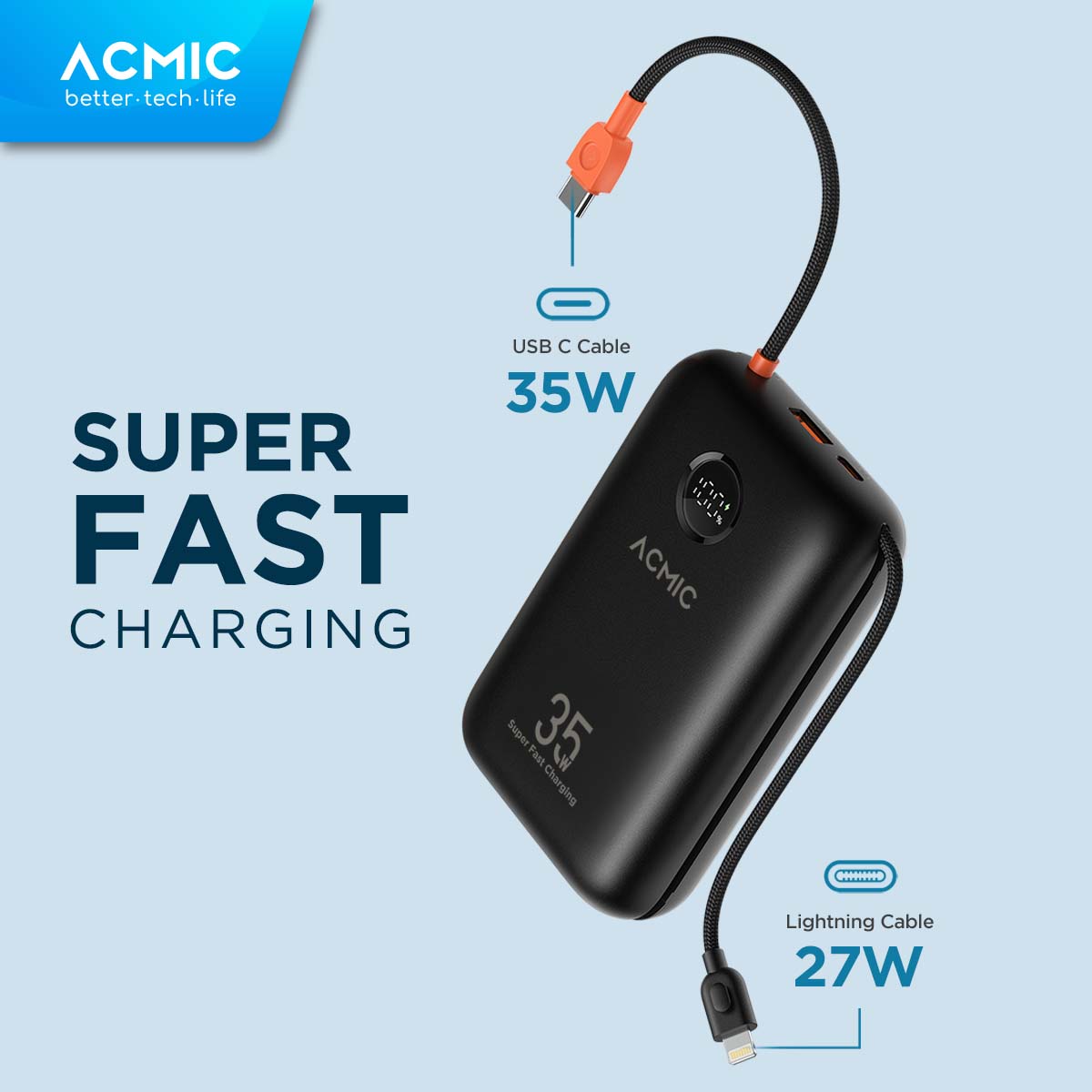 ACMIC NEOPOWER Super Mini 35W Powerbank 30000mAh SFC Super Fast Charging for Samsung with Built-in Cable