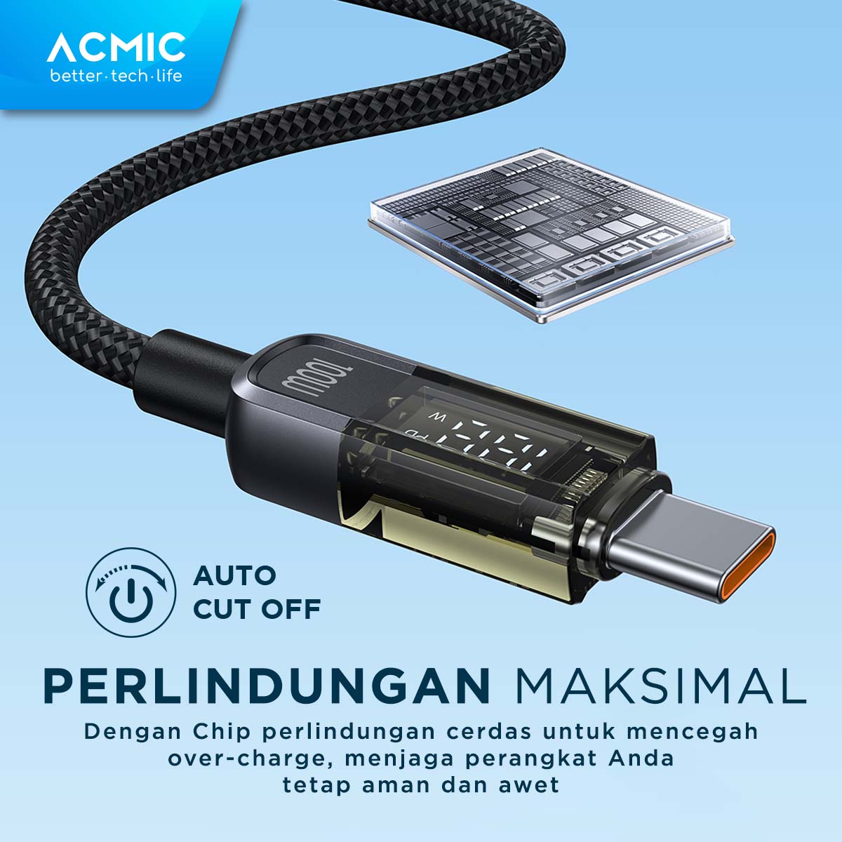 ACMIC AUTOLINE D100 Auto Cuf Off Cable USB-C TO USB-C Kabel Super Strong Fast Charging Built-in Digital Display