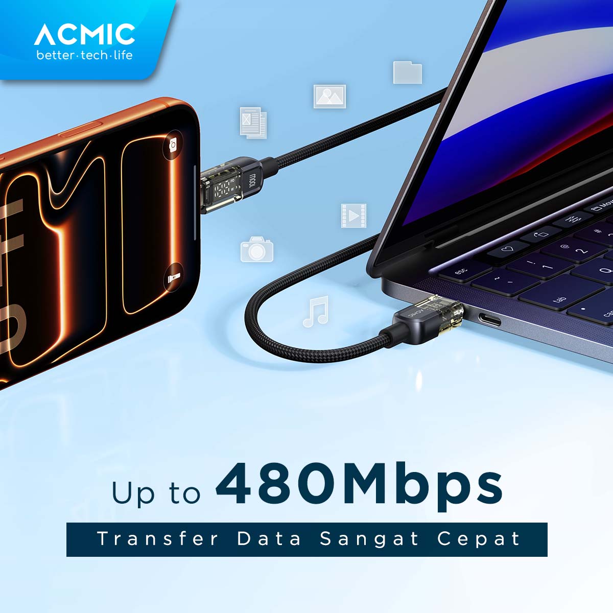 ACMIC AUTOLINE D100 Auto Cuf Off Cable USB-C TO USB-C Kabel Super Strong Fast Charging Built-in Digital Display