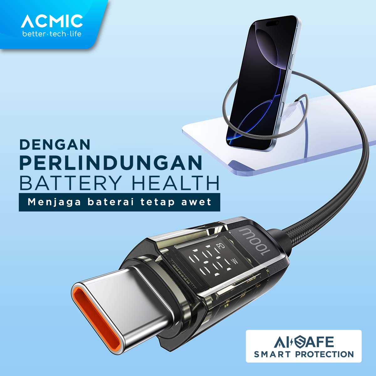 ACMIC AUTOLINE D100 Auto Cuf Off Cable USB-C TO USB-C Kabel Super Strong Fast Charging Built-in Digital Display