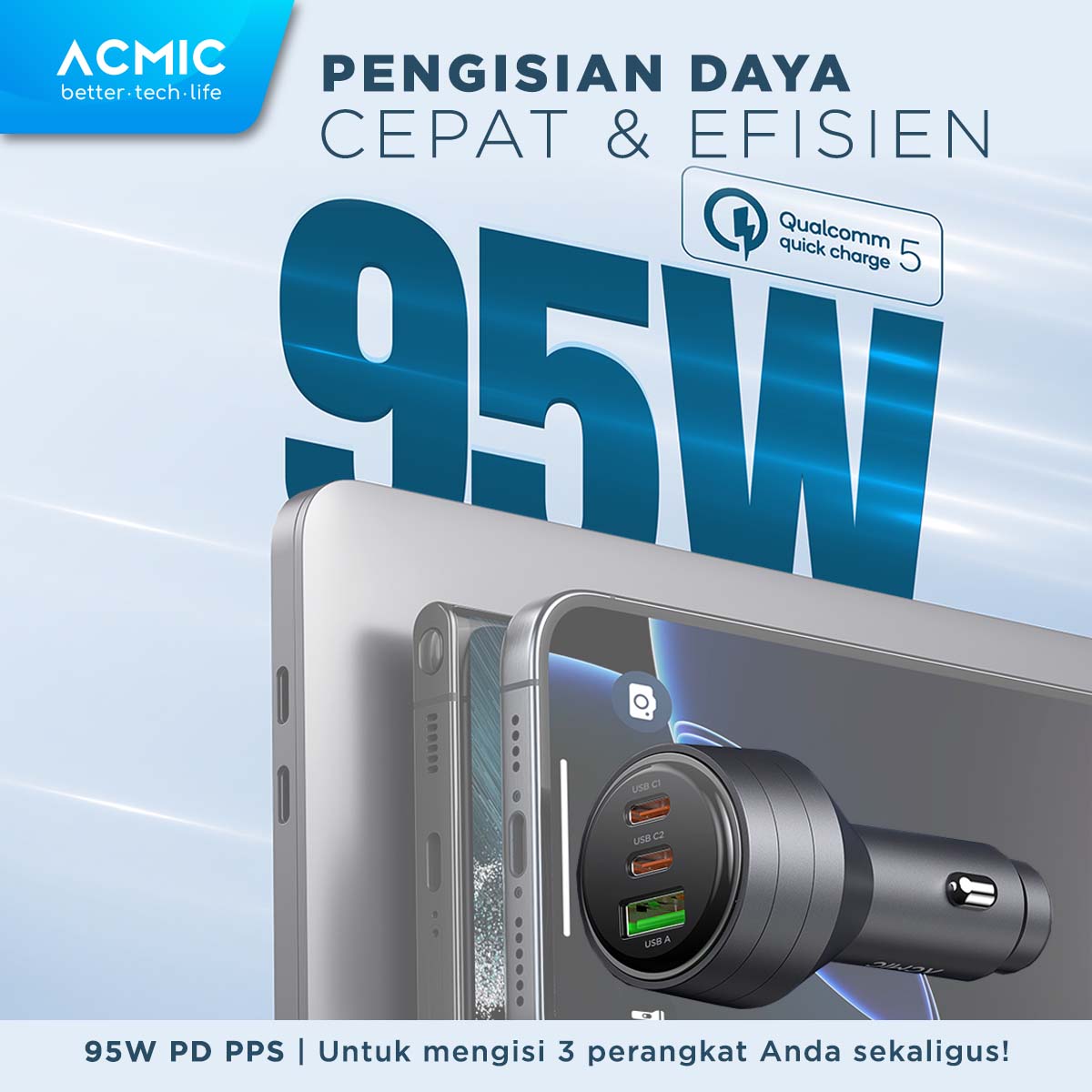 ACMIC CC95 PRO 95W USB A + Dual USB Type C Car Charger PD PPS Super Fast Charging 2.0