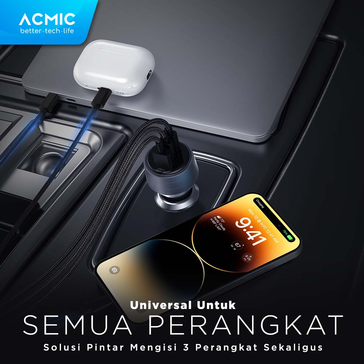 ACMIC CC95 PRO 95W USB A + Dual USB Type C Car Charger PD PPS Super Fast Charging 2.0