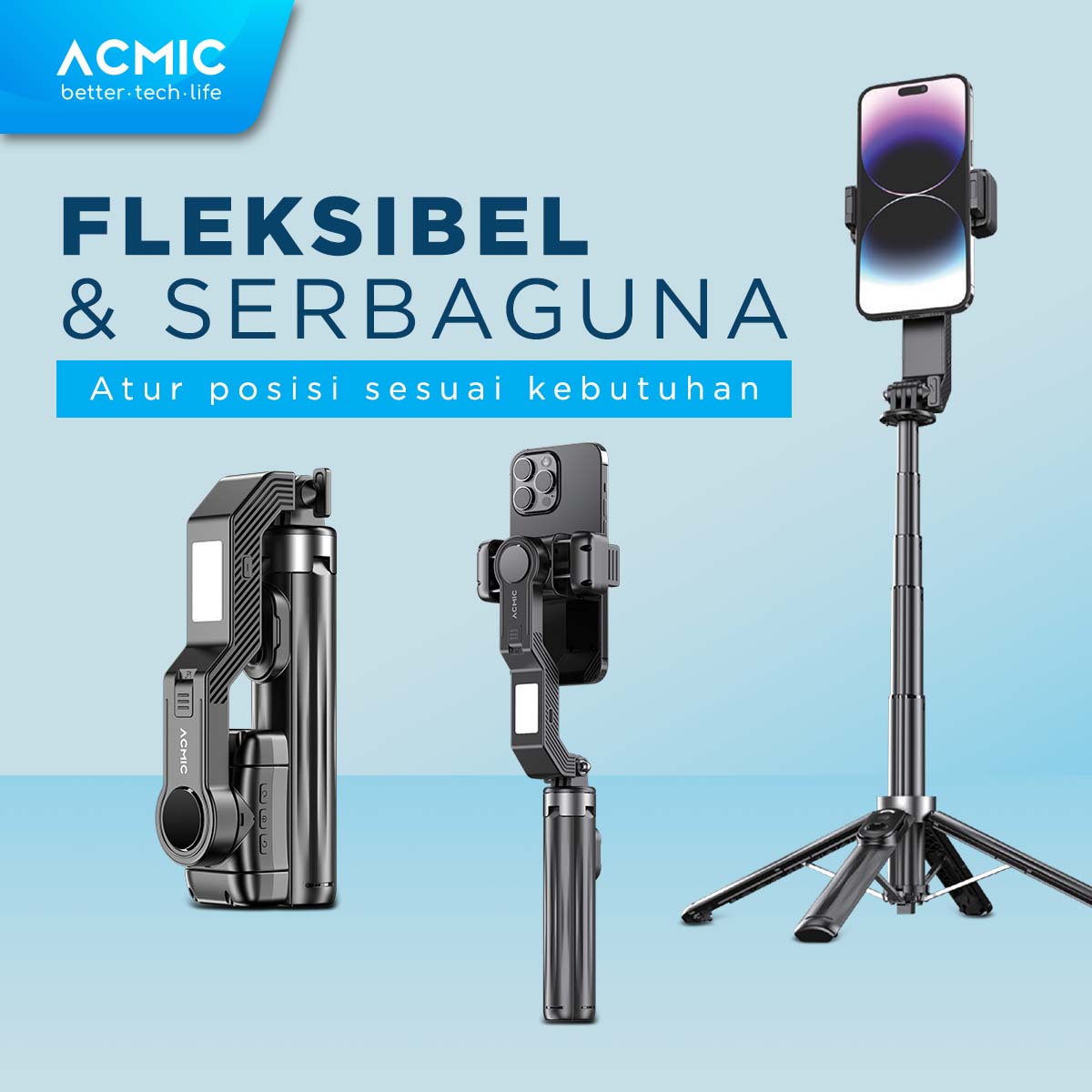 ACMIC GOFLOW Stabilizer Gimbal Quadrupod Selfie Stick Tripod Quadpod 4 Kaki Fill Light 1M (100cm)