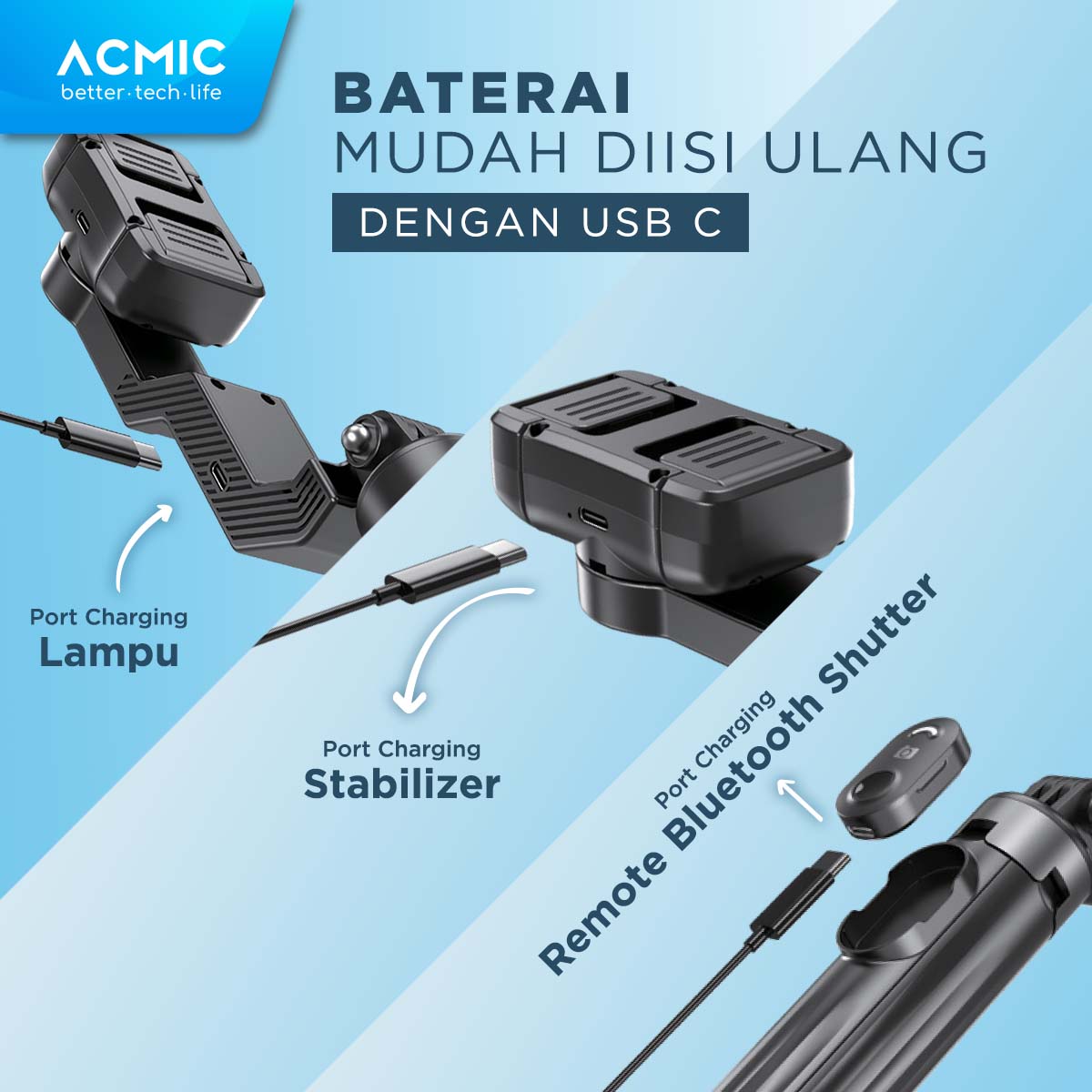 ACMIC GOFLOW Stabilizer Gimbal Quadrupod Selfie Stick Tripod Quadpod 4 Kaki Fill Light 1M (100cm)