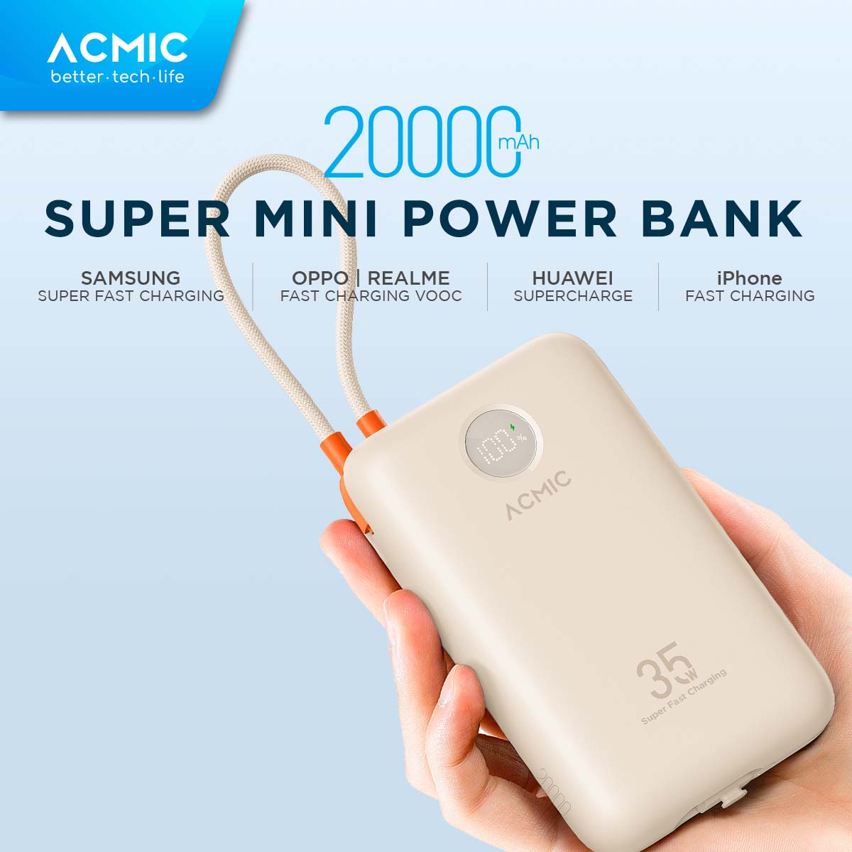 ACMIC NEOPOWER Super Mini 35W Powerbank 20000mAh SFC Super Fast Charging for Samsung with Built-in Cable