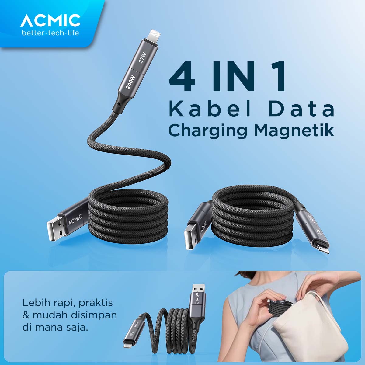 ACMIC OMNILINE MAG100 4in1 240W Kabel Data PD 3.1 Power Delivery Ultra Fast Charging Magnetic Kabel Data Charger Magnet