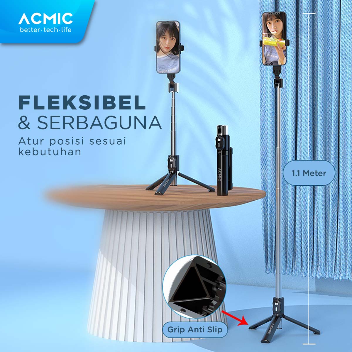 ACMIC TS11 Tongsis Tripod Bluetooth Remote Selfie Stick 1.1M (110CM)