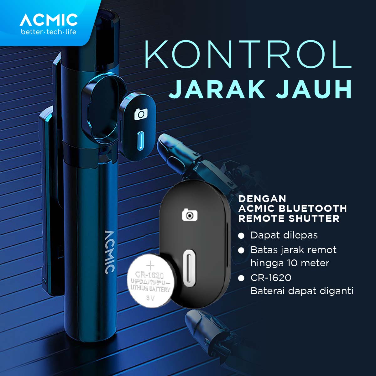 ACMIC TS11 Tongsis Tripod Bluetooth Remote Selfie Stick 1.1M (110CM)