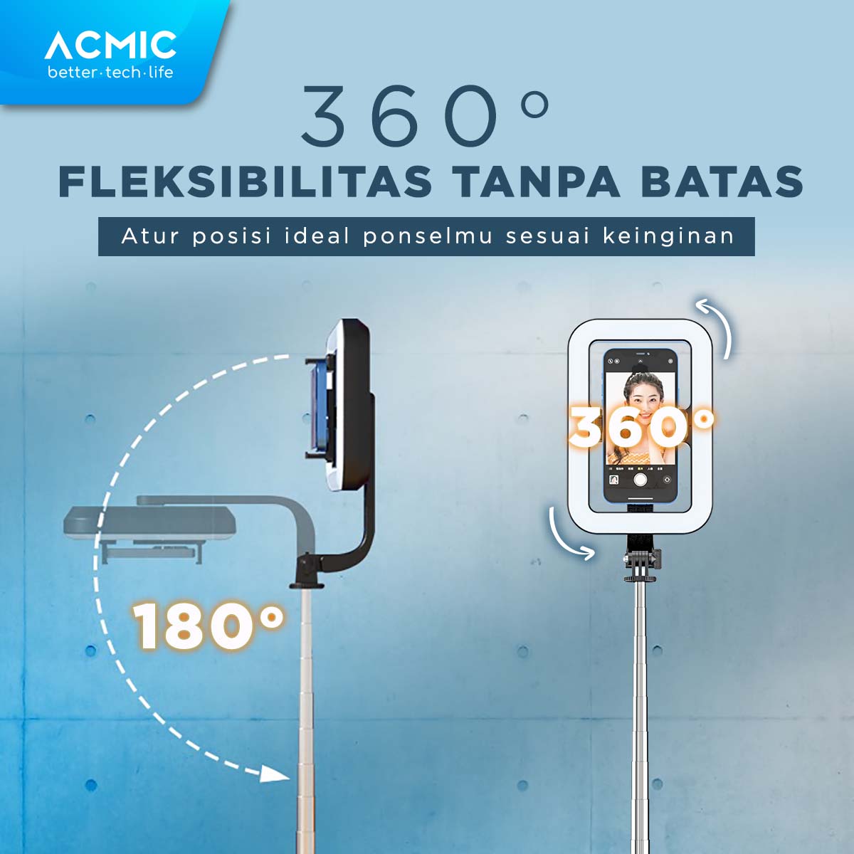 ACMIC TL13 Square Ring Light Tongsis Tripod Bluetooth Selfie Stick 1.3M (130cm)
