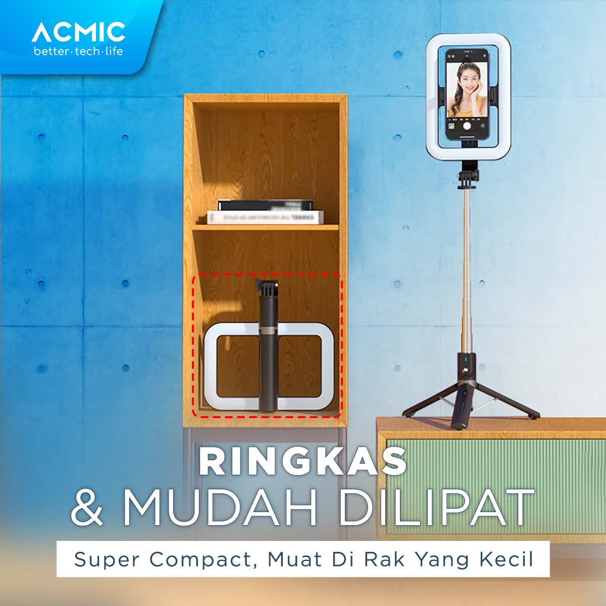 ACMIC TL13 Square Ring Light Tongsis Tripod Bluetooth Selfie Stick 1.3M (130cm)