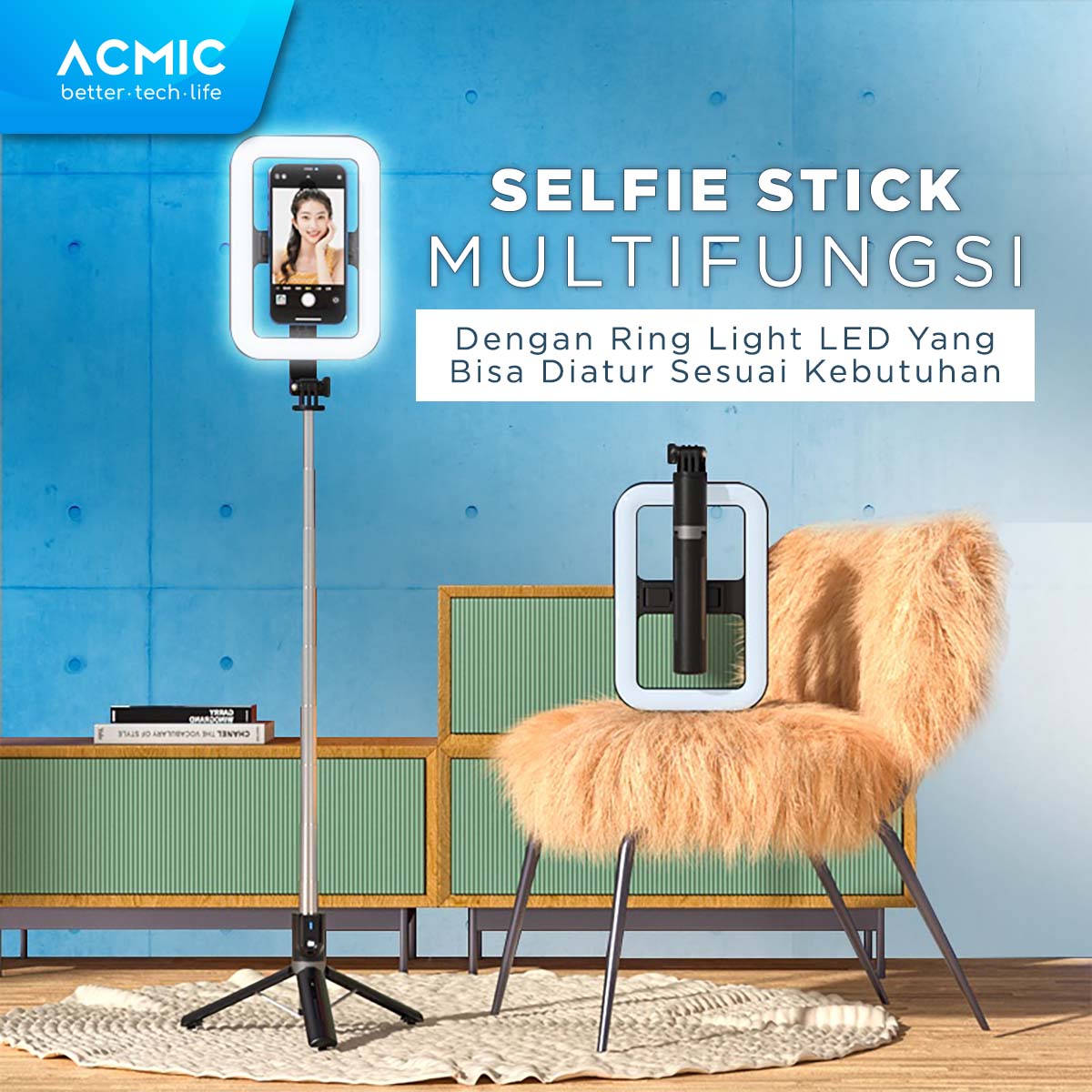 ACMIC TL13 Square Ring Light Tongsis Tripod Bluetooth Selfie Stick 1.3M (130cm)