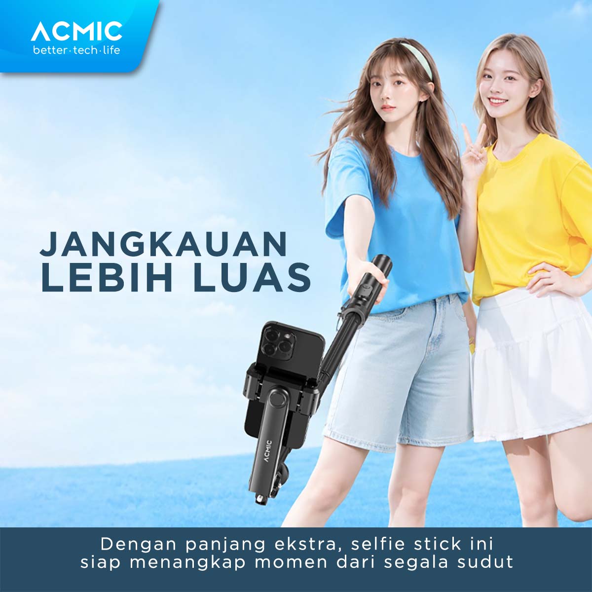 ACMIC TS20 Touchdown Auto Open One Click Selfie Stick 2M Aluminium Tripod Tongsis Bluetooth Remote