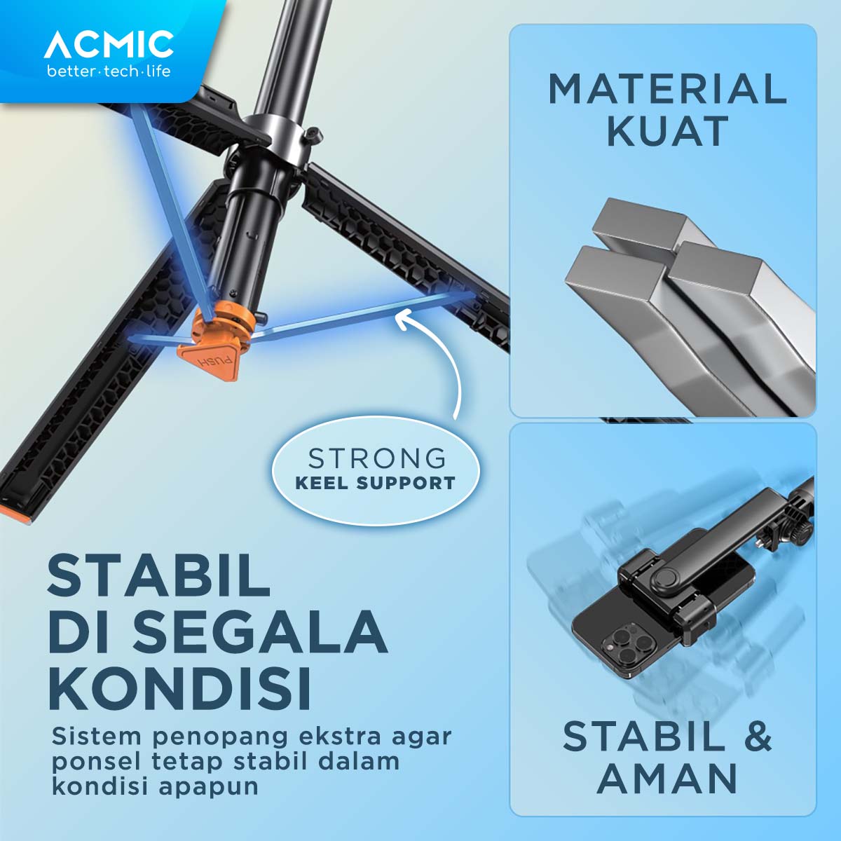 ACMIC TS20 Touchdown Auto Open One Click Selfie Stick 2M Aluminium Tripod Tongsis Bluetooth Remote