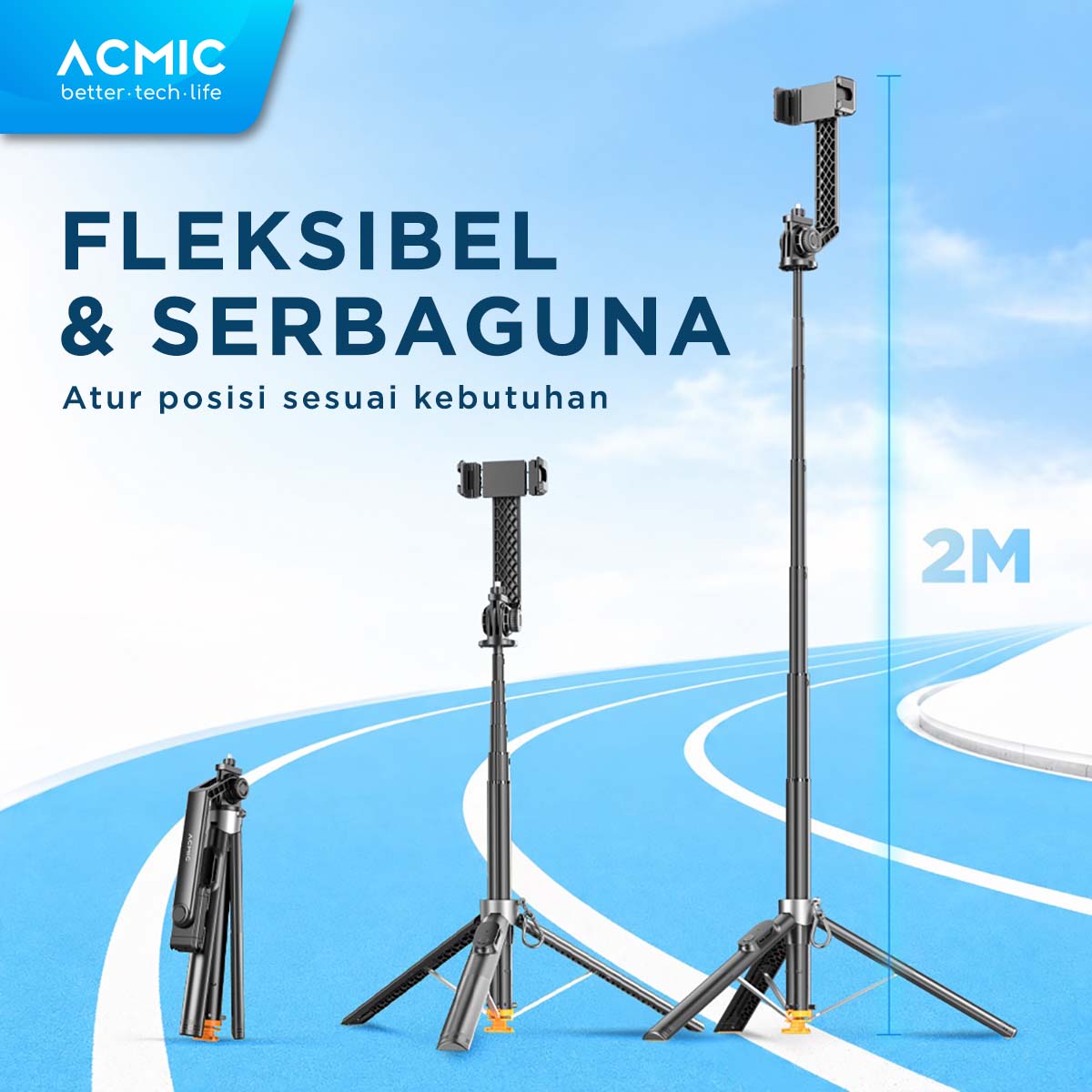ACMIC TS20 Touchdown Auto Open One Click Selfie Stick 2M Aluminium Tripod Tongsis Bluetooth Remote