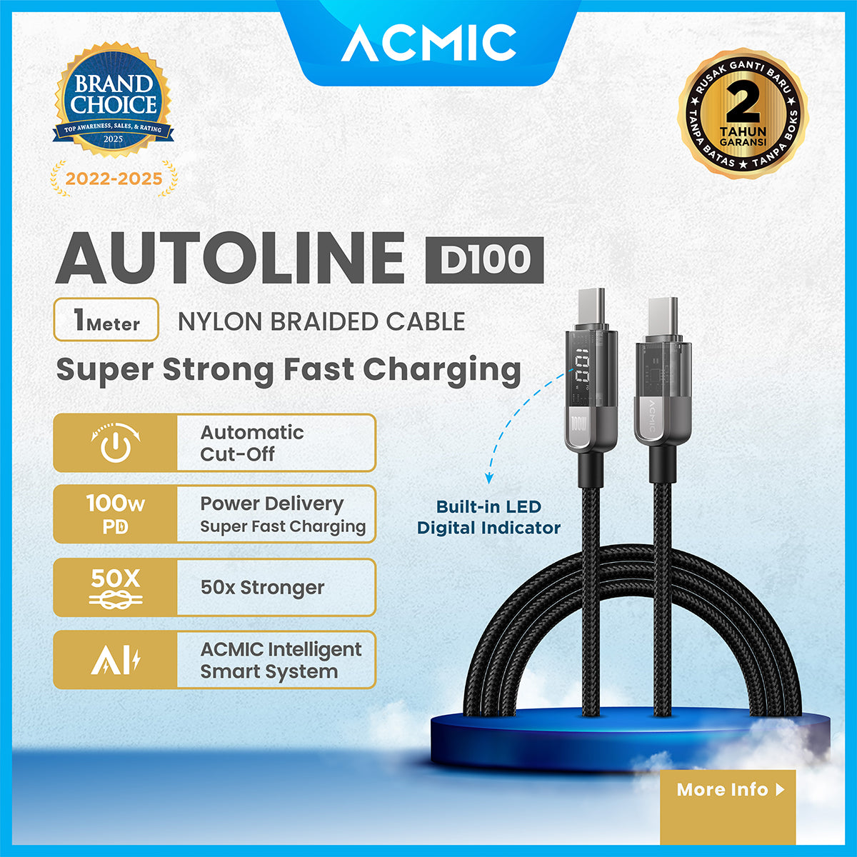 ACMIC AUTOLINE D100 Auto Cuf Off Cable USB-C TO USB-C Kabel Super Strong Fast Charging Built-in Digital Display