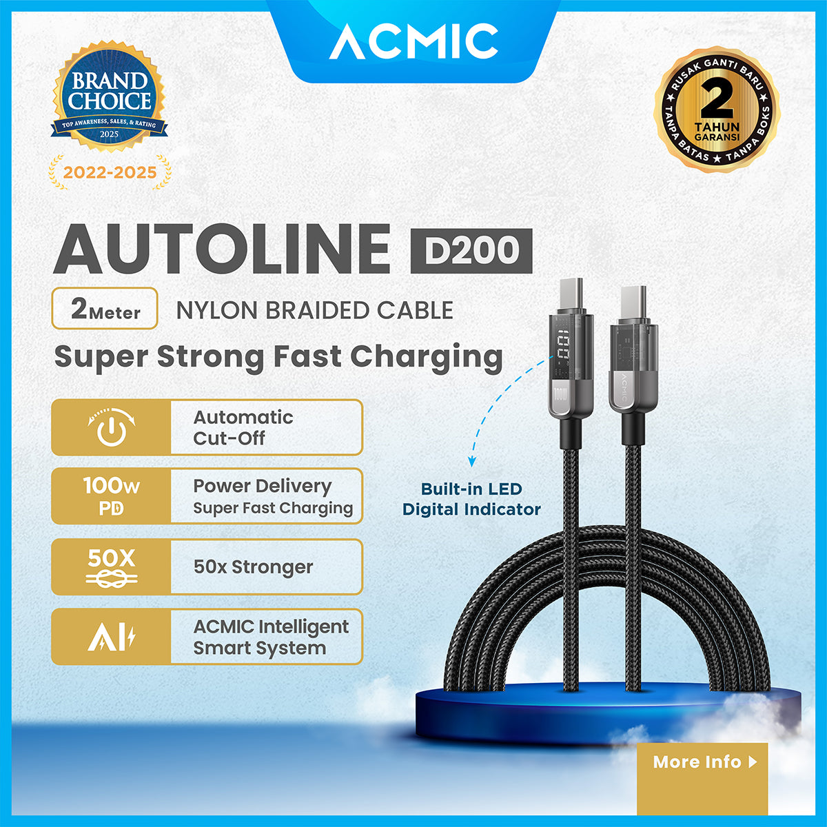 ACMIC AUTOLINE D100 Auto Cuf Off Cable USB-C TO USB-C Kabel Super Strong Fast Charging Built-in Digital Display