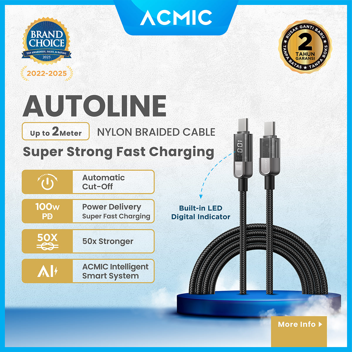 ACMIC AUTOLINE D100 Auto Cuf Off Cable USB-C TO USB-C Kabel Super Strong Fast Charging Built-in Digital Display