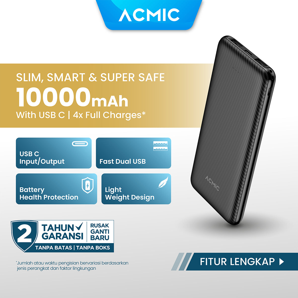 ACMIC C10e 10000mAh Slim PowerBank 12W Type C Fast Dual USB Charge