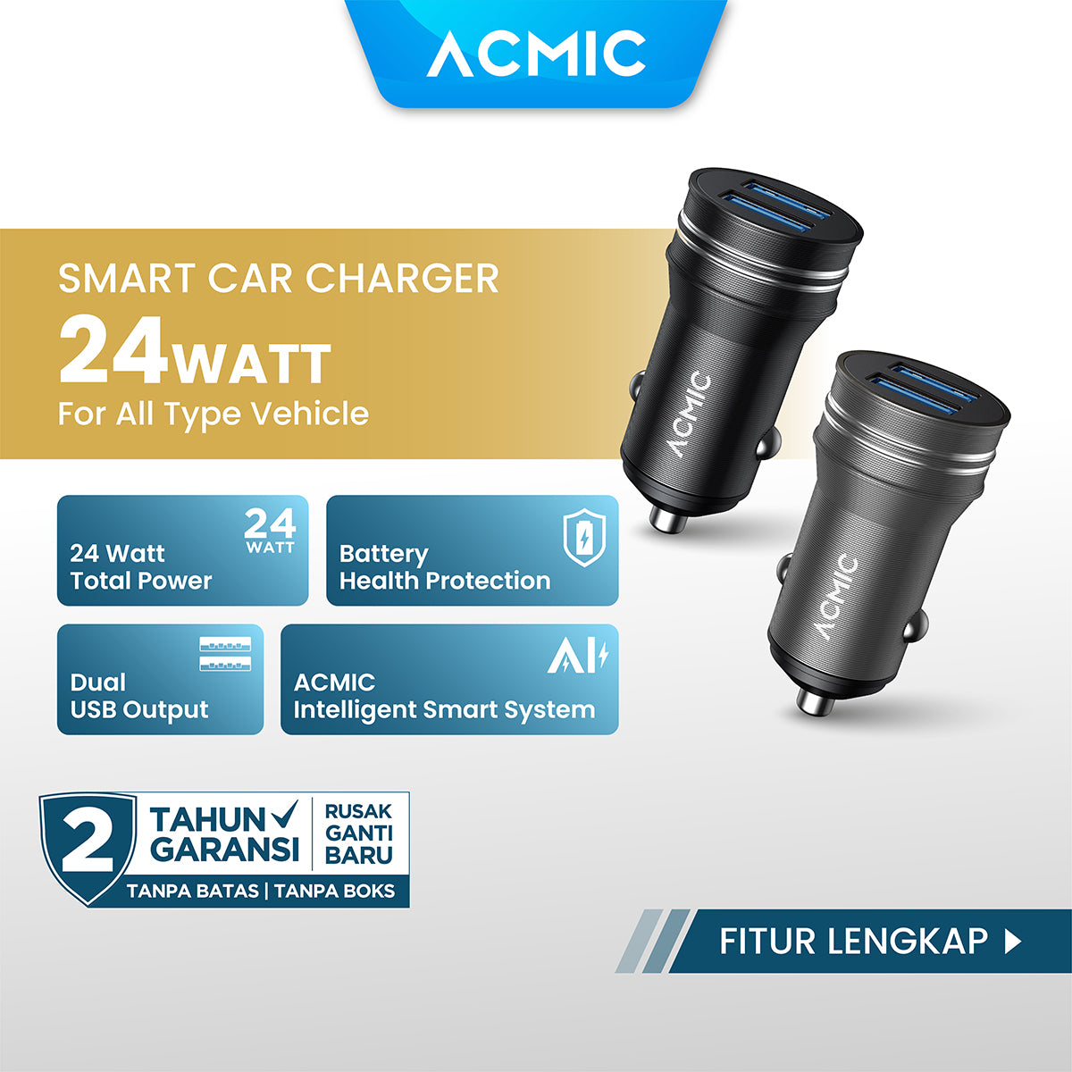 ACMIC CC02 Dual USB 24 Watt Car Charger Fast Charging