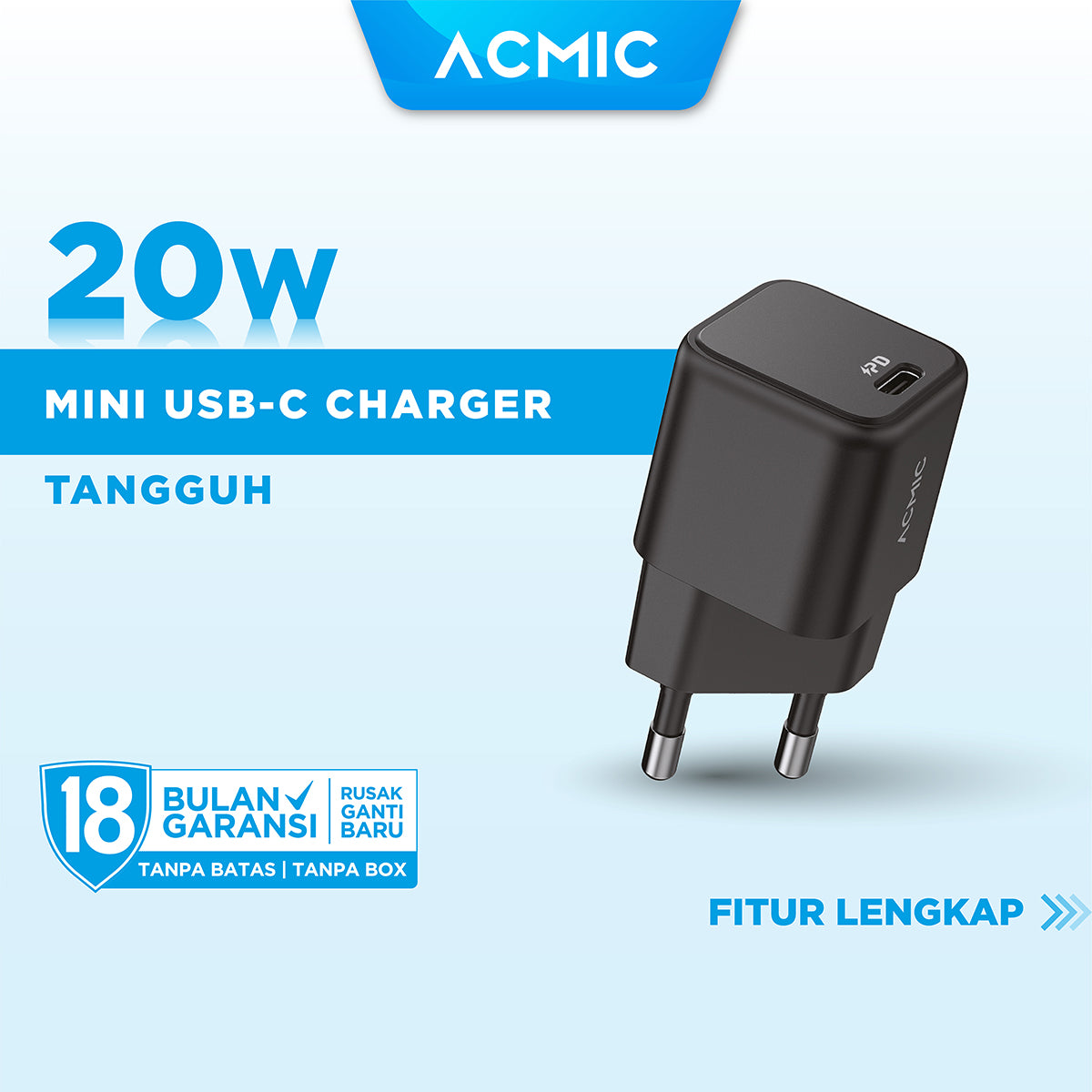 ACMIC CPD20 MINI USB-C 20W Power Adapter Charger for Apple iPhone & Android