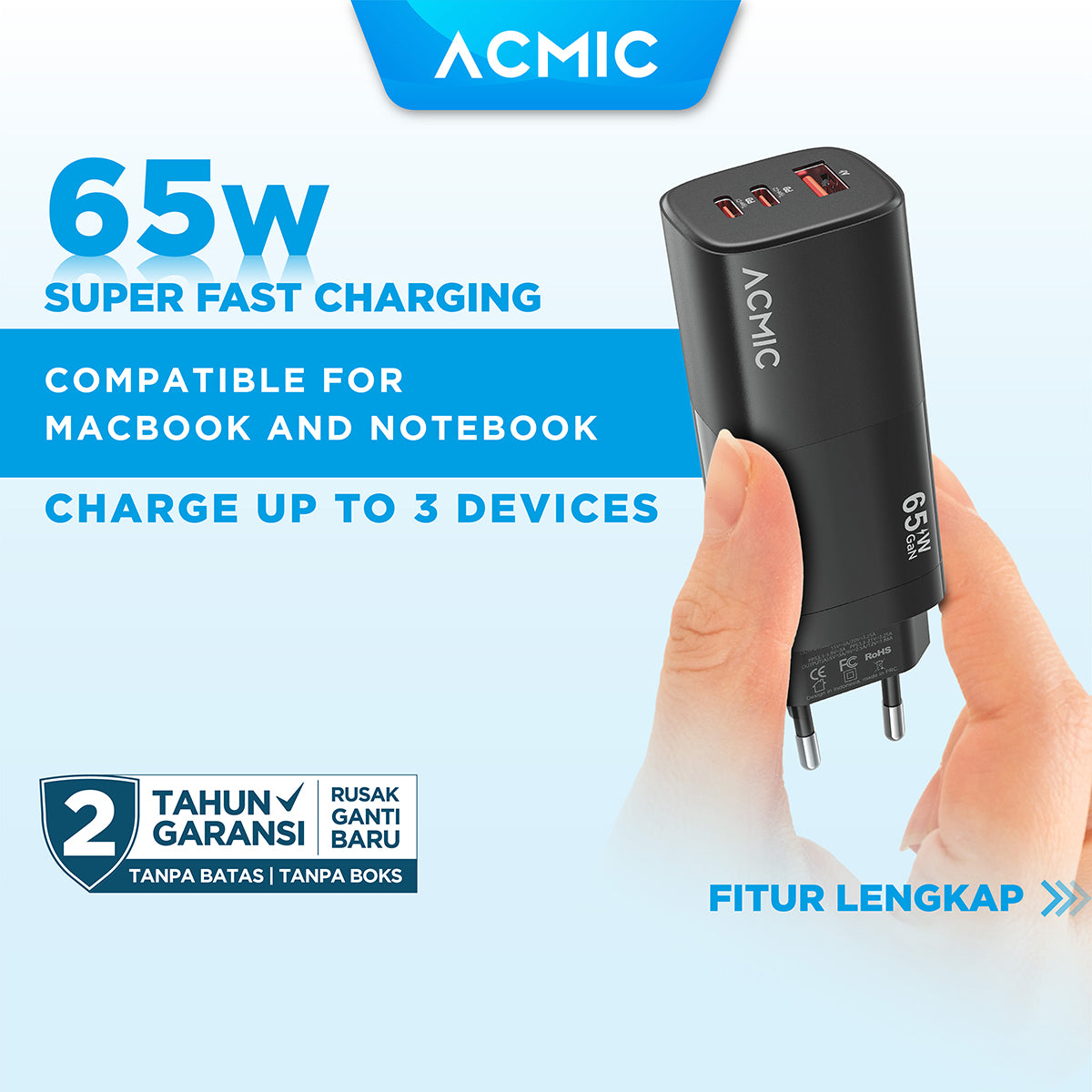 ACMIC CPD65 GaN Type C 65W Kepala Charger Super Fast Charging Adaptor