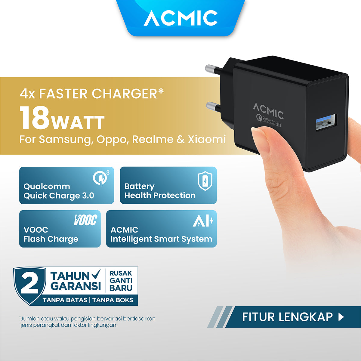ACMIC CQC01 USB 18W Kepala Charger Fast Charging Adaptor