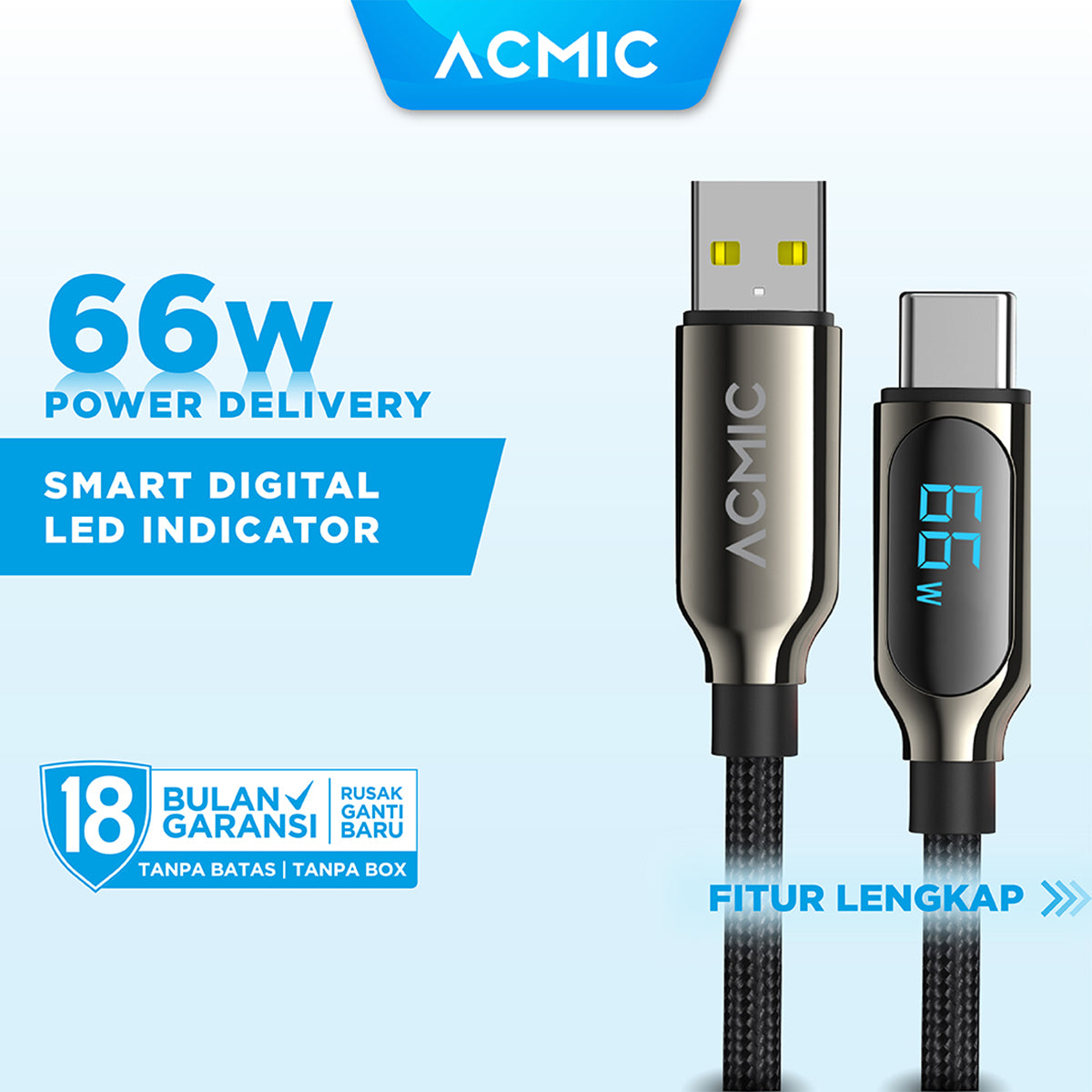 ACMIC DIGILINE Kabel Data USB-A to USB-C Fast Charging 66W LED DISPLAY