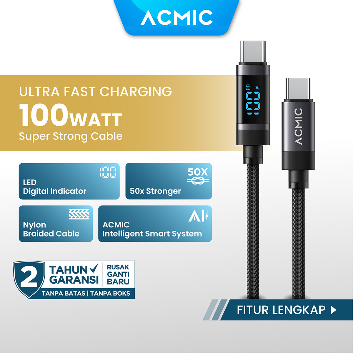 ACMIC DIGILINE Kabel USB-C to USB-C 100W PD Fast Charging LED DISPLAY