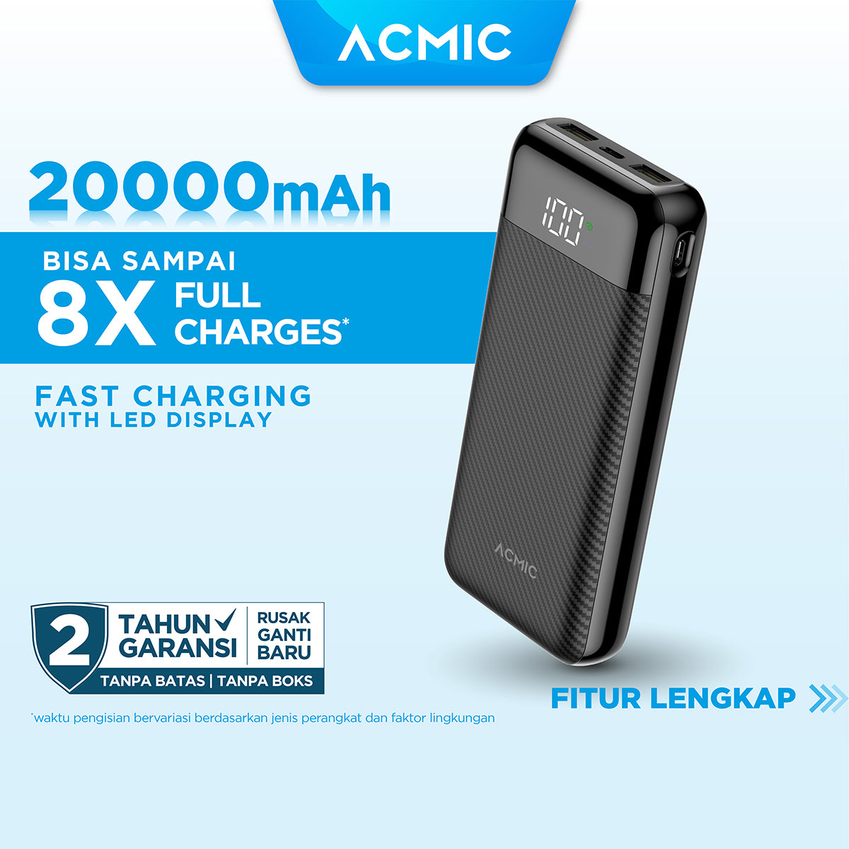 ACMIC F20PRO 20000mAh Powerbank Digital 22.5W Fast Charging Type C